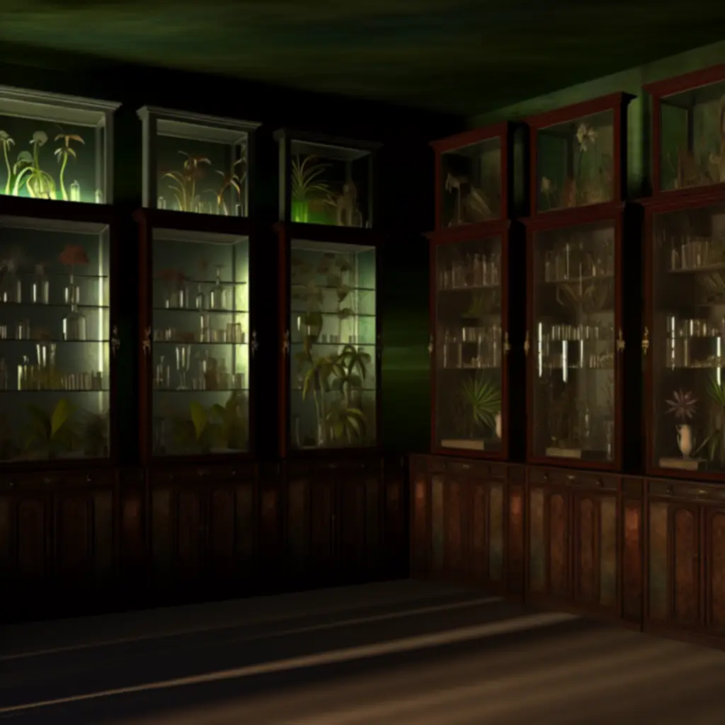 Ilustracja koncepcyjna: gabloty z roślinami w półmroku