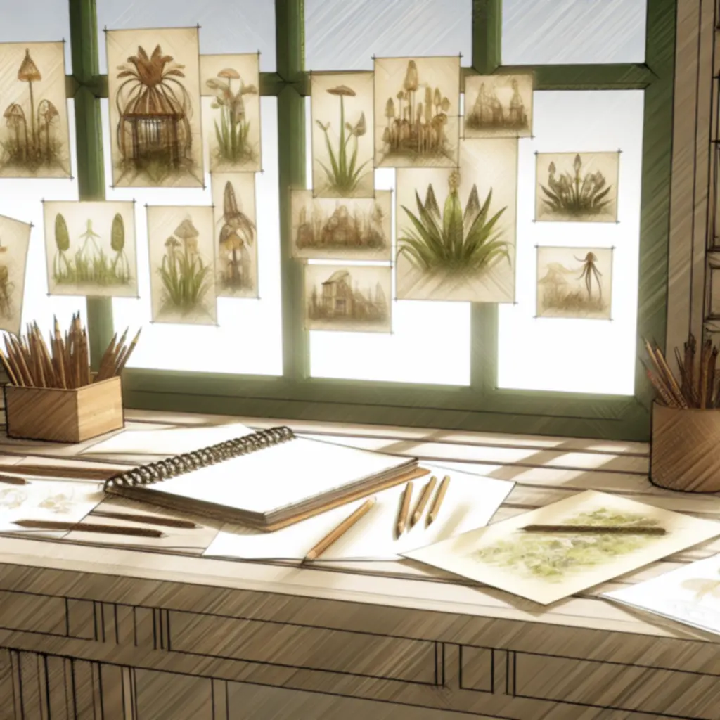 Stanowisko pracy z notatkami i szkicami roślin