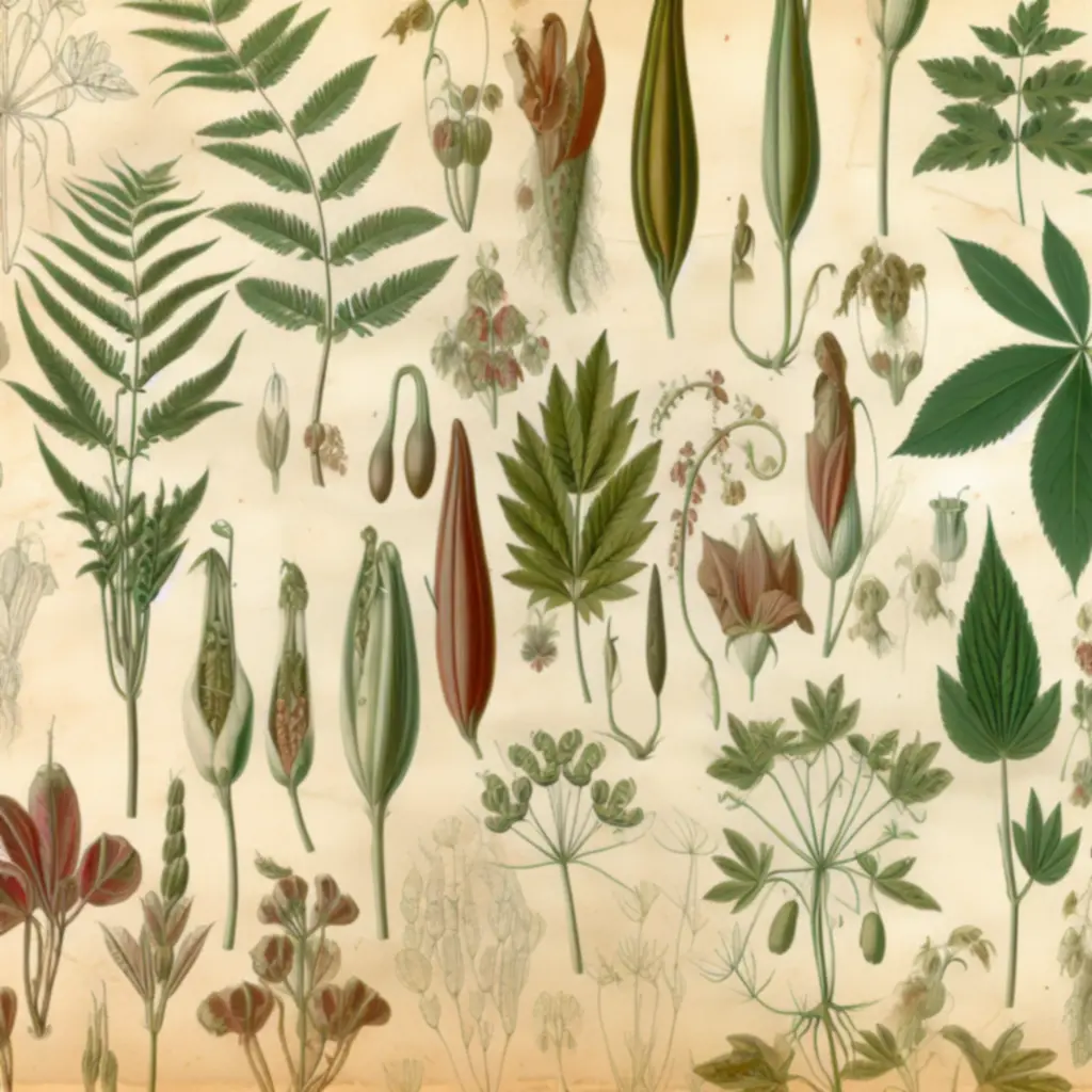 Ilustrowane próbki tajemniczych roślin w stylu rycin botanicznych