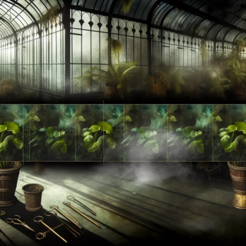 Mroczny szklarniowy pejzaż w stylu Strange Horticulture