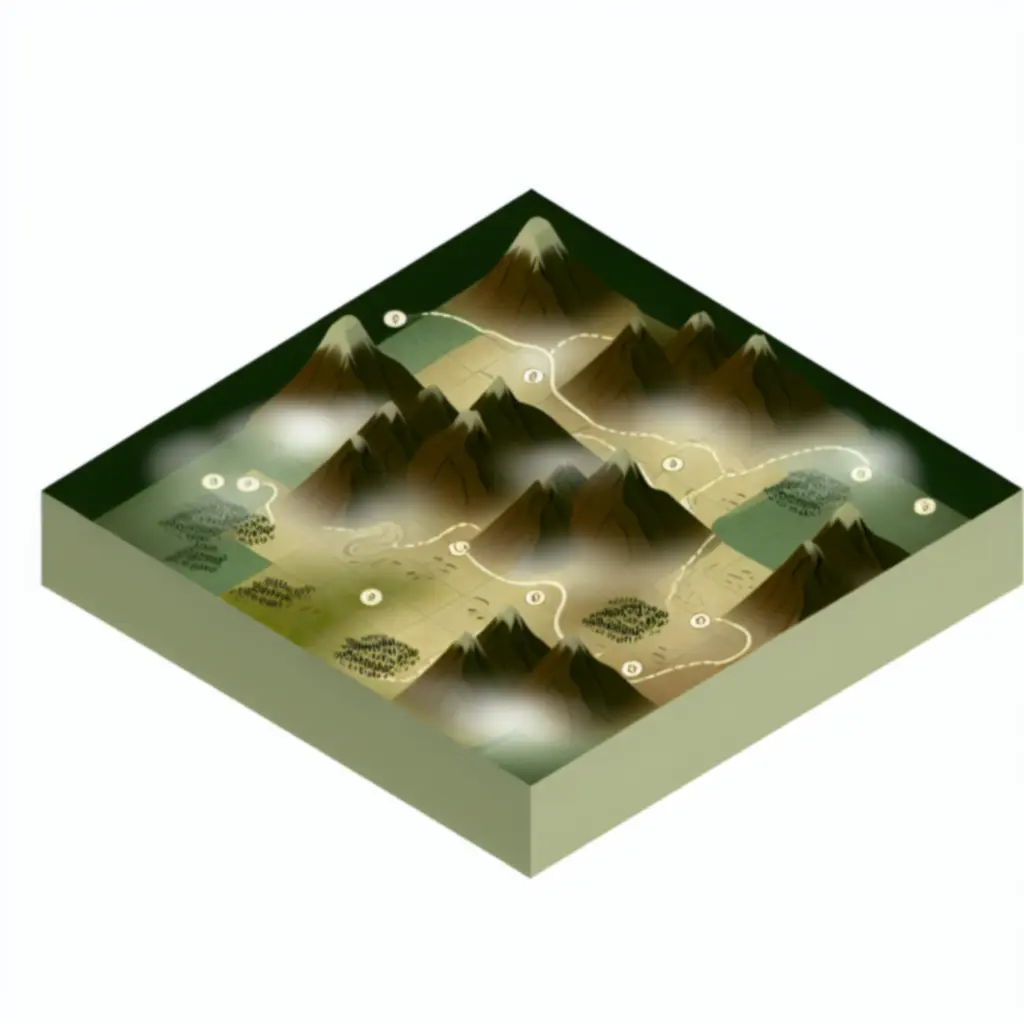 Mapa regionu z zaznaczonymi punktami i mgłą okrywającą doliny