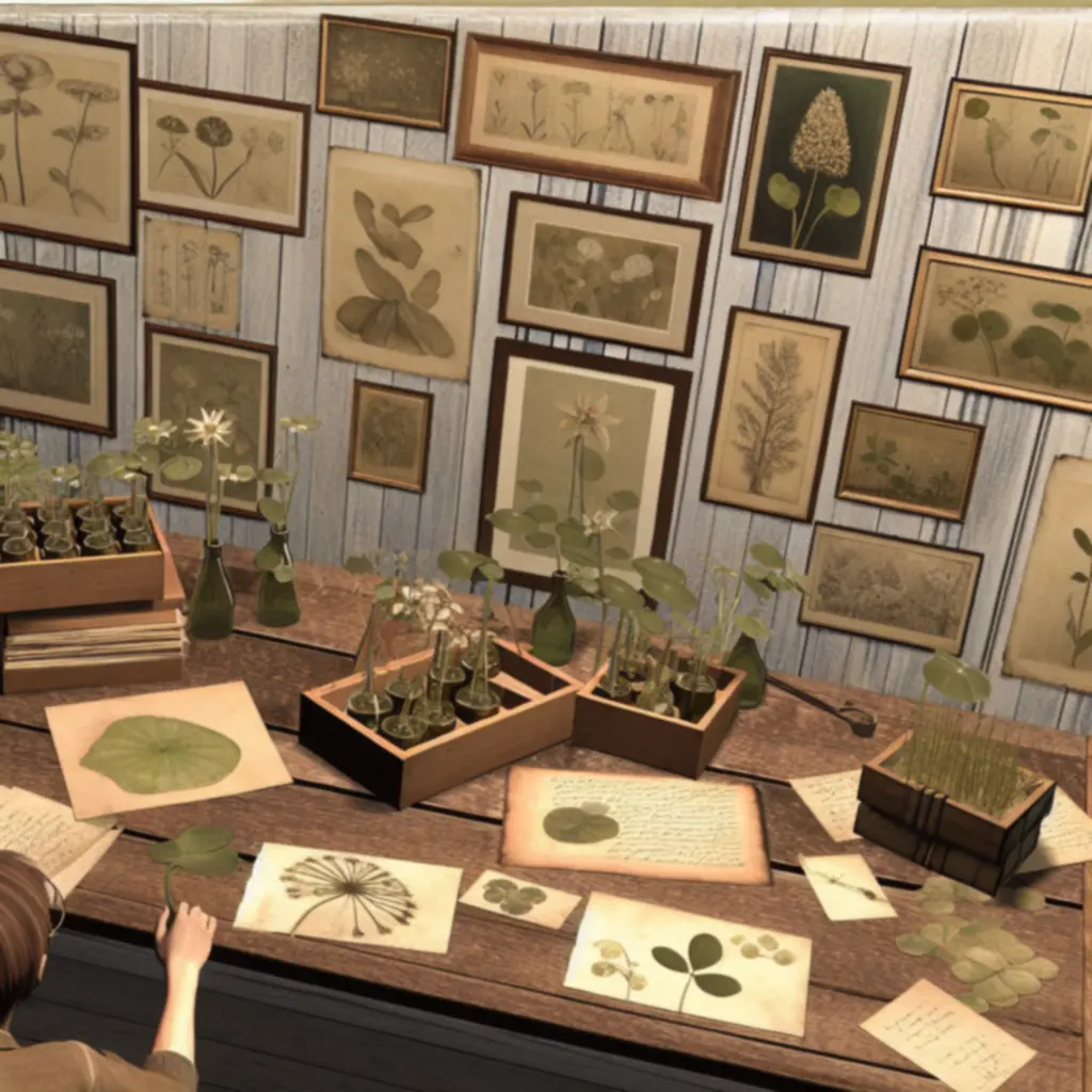 Kolaż fanowskich prac: notatki zielarskie i szkice roślin