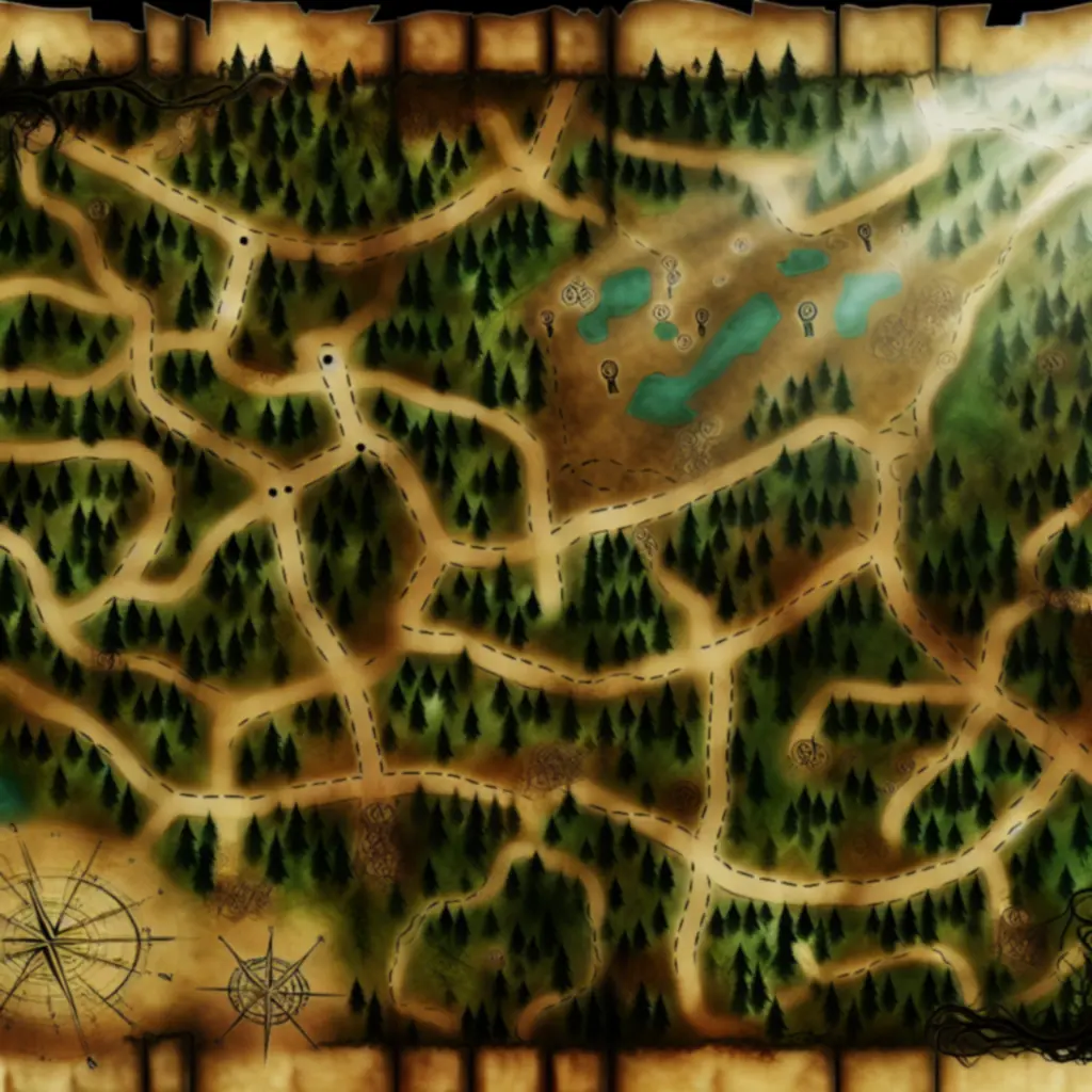 Mapa z zaznaczoną leśną ścieżką i tajemniczymi symbolami