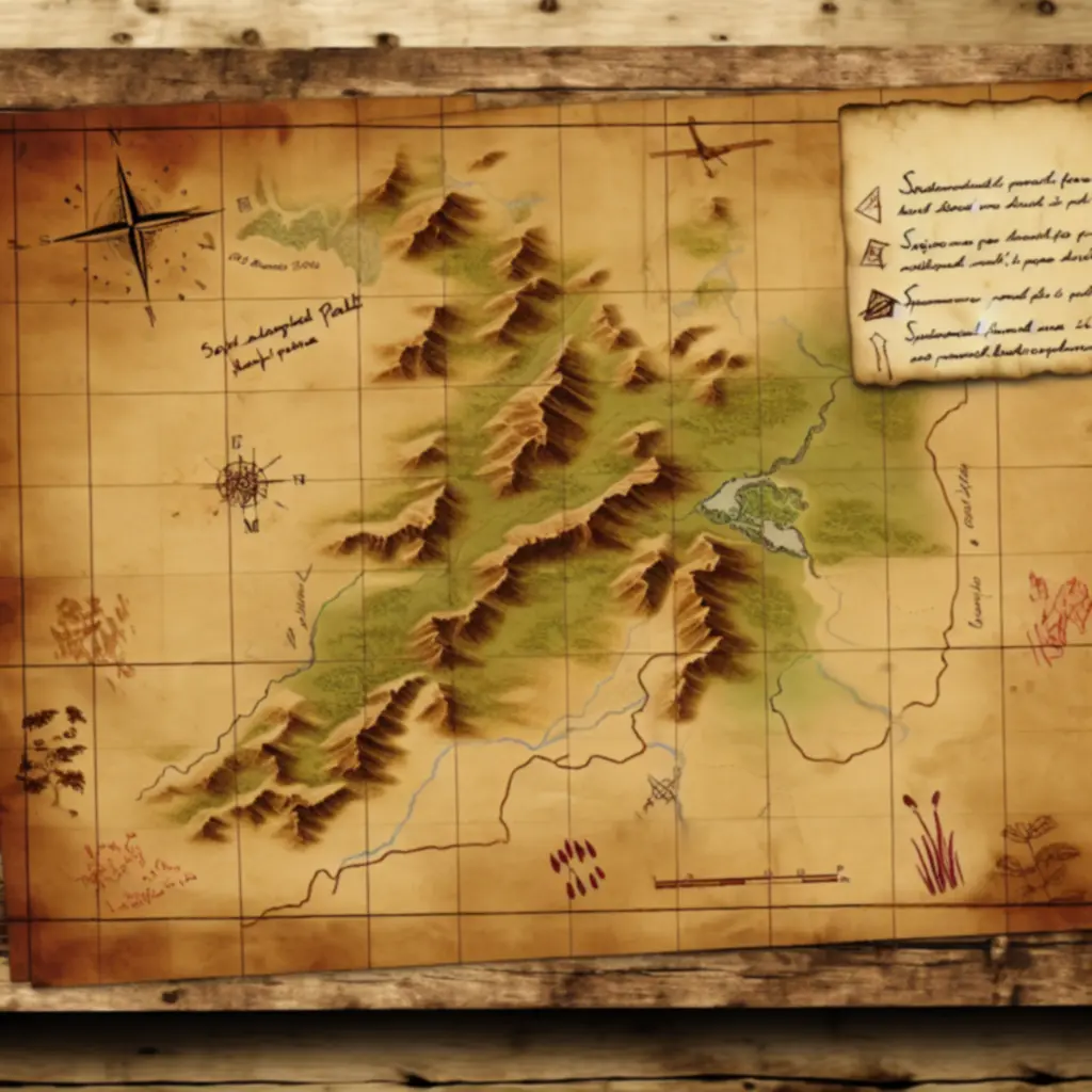 Stara mapa z zaznaczonymi punktami wypraw i notatkami na marginesach.