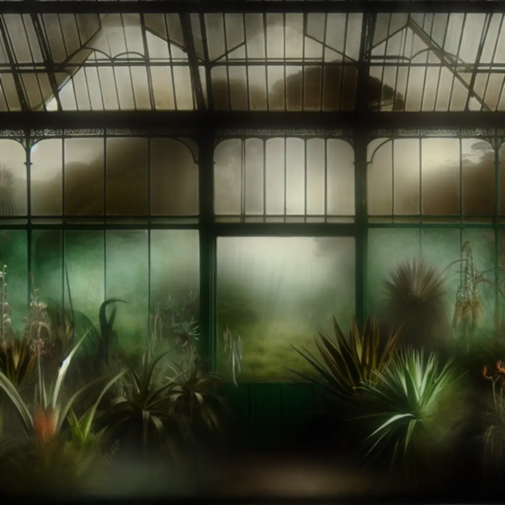 Mroczna szklarnia z roślinami i mglistym krajobrazem – klimat Strange Horticulture