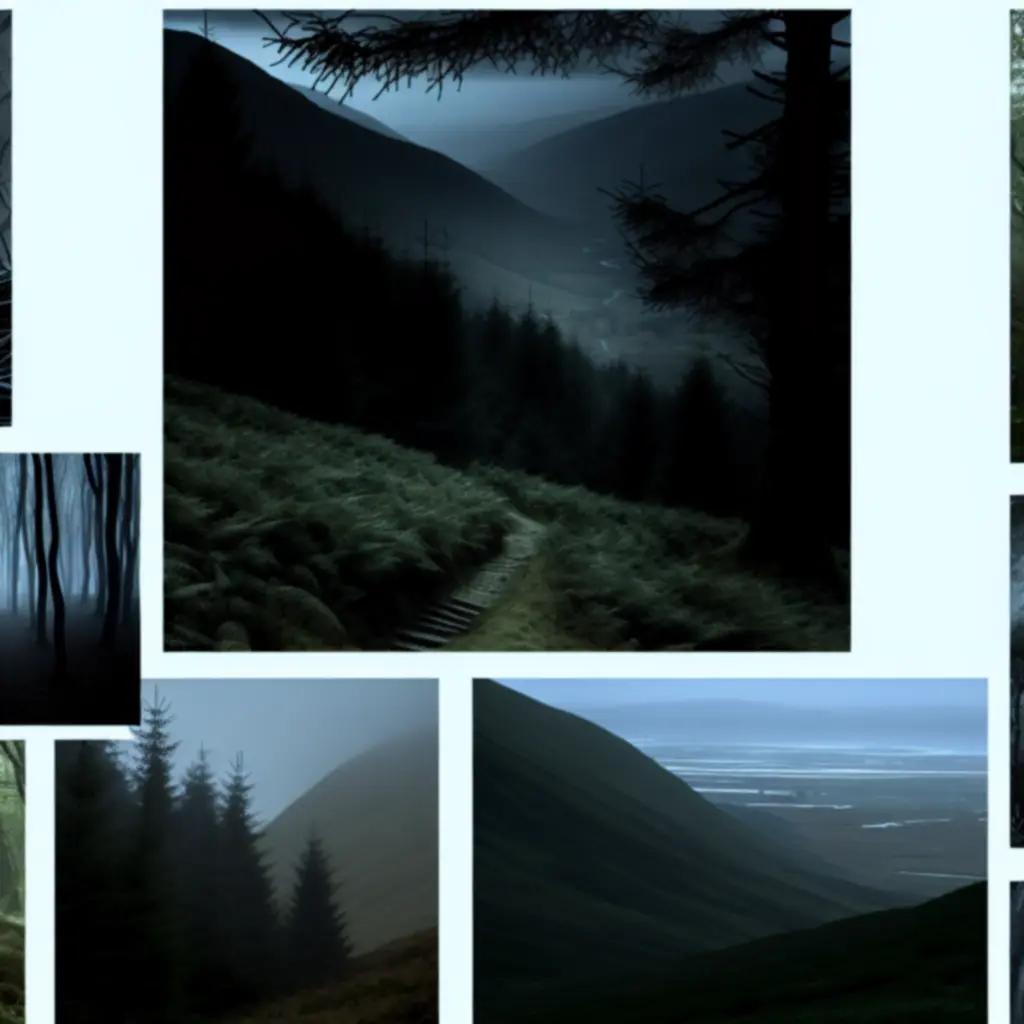 Mroczny, mglisty krajobraz z górską ścieżką prowadzącą przez las.