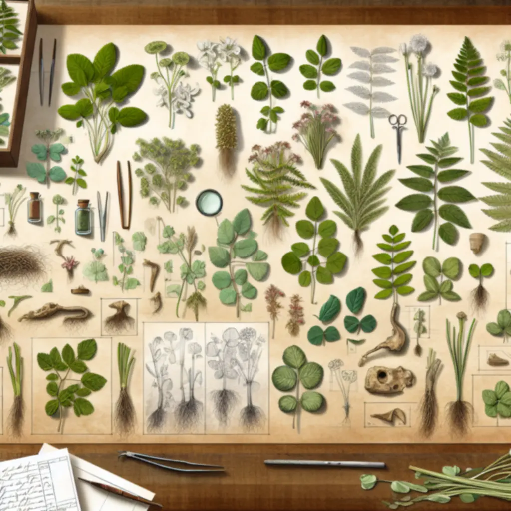 Próbki roślin z etykietami i szkicami identyfikacyjnymi