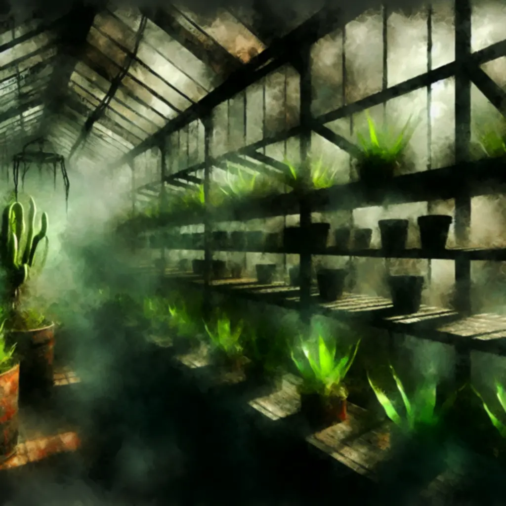 Mgliste wnętrze szklarni z półkami pełnymi tajemniczych roślin.