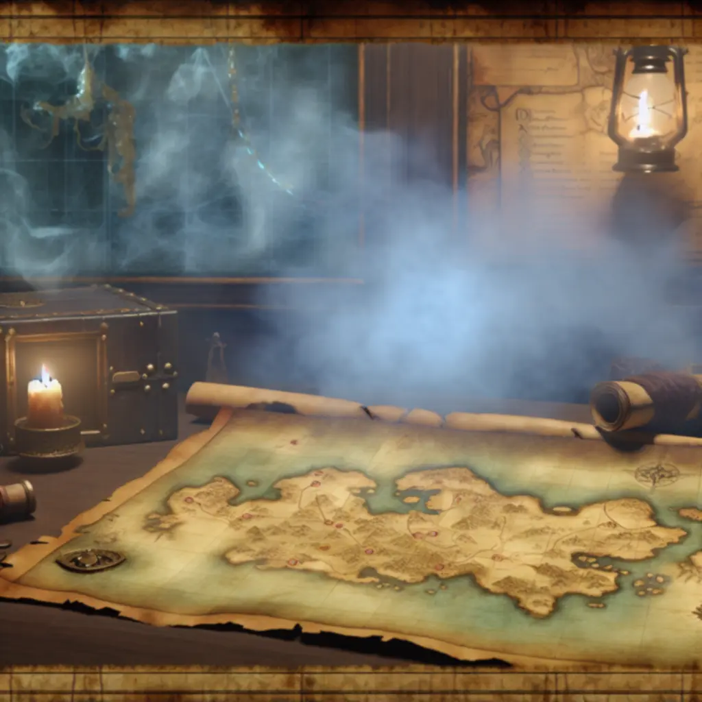 Kadr z gameplayu: mapa z zaznaczonymi punktami i gęsta mgła