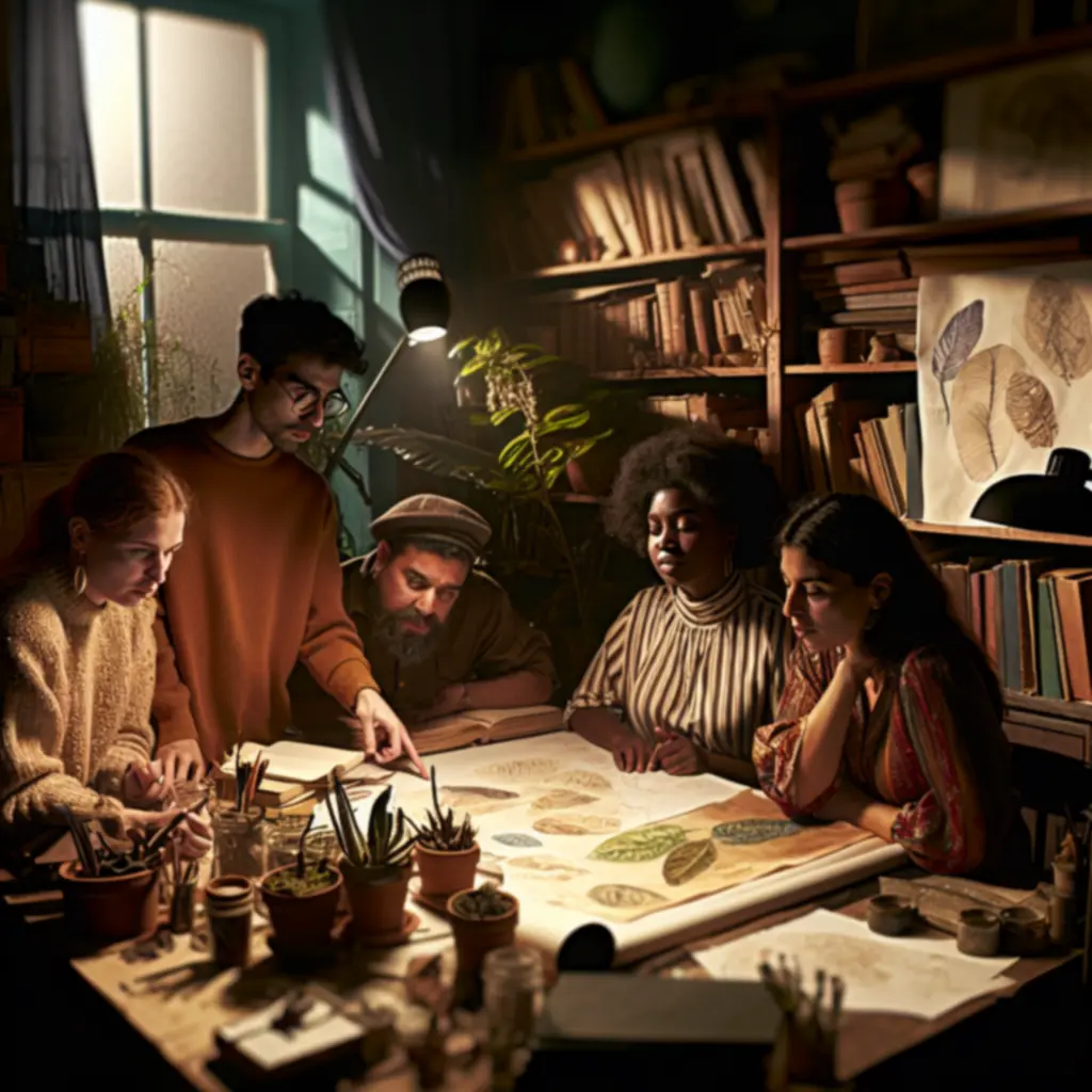 Zespół twórców w przyciemnionym studio, nad stołem z mapami i szkicami roślin.